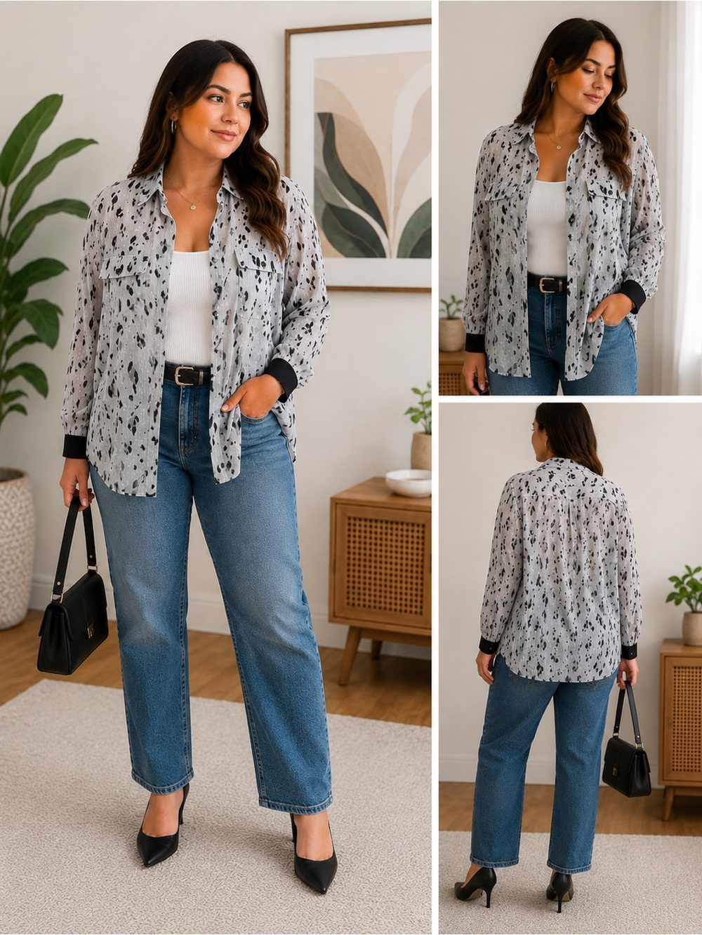 Dkny Black and Light Gray Printed Button-Front Blouse with Black Cuffs